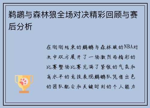 鹈鹕与森林狼全场对决精彩回顾与赛后分析
