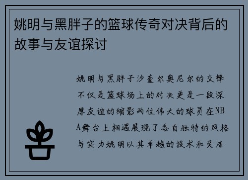 姚明与黑胖子的篮球传奇对决背后的故事与友谊探讨